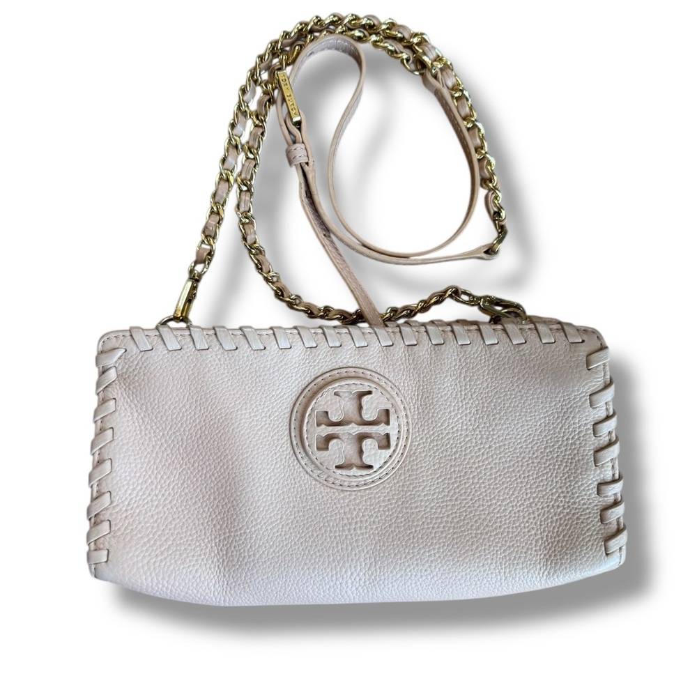 Tory Burch Cream Pebbled Leather Whipstitch Crossbody Bag Blush Pink‎ Gold Chain